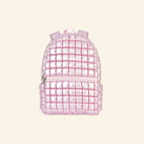 iScream Icy Rose Puffer Backpack shown from the front, featuring shiny metallic pink quilted nylon, a rounded top, front zippered pocket, top handle, and padded shoulder straps.