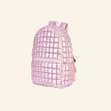 iScream Icy Rose Puffer Backpack shown from an angled side view, highlighting the metallic pink quilted puffer texture, side pocket, front zipper compartment, top handle, and padded shoulder straps.