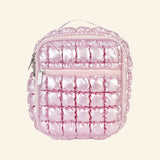 iScream Icy Rose Puffer Lunch Tote shown from the front, featuring shiny metallic pink quilted nylon, a square insulated lunch bag shape, top handle, rounded zipper top, and front zippered pocket.