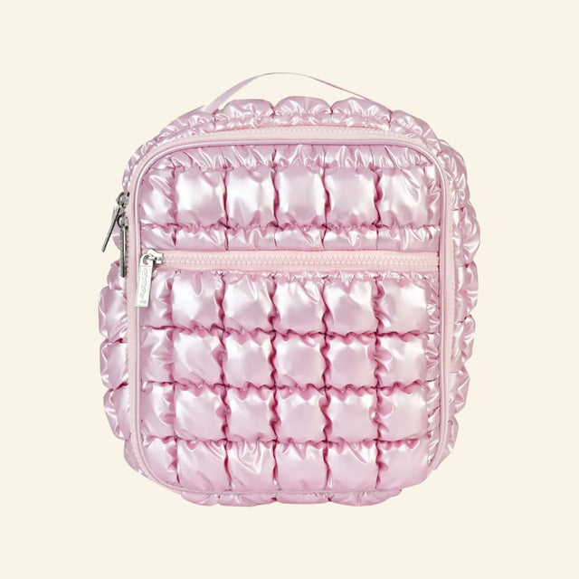iScream Icy Rose Puffer Lunch Tote shown from the front, featuring shiny metallic pink quilted nylon, a square insulated lunch bag shape, top handle, rounded zipper top, and front zippered pocket.