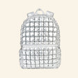 iScream Icy Silver Puffer Backpack shown from the front, featuring shiny metallic silver quilted nylon, a rounded top, front zippered pocket, top handle, and padded shoulder straps.
