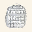 iScream Icy Silver Puffer Lunch Tote shown from the front, featuring shiny metallic silver quilted nylon, a top handle, zippered front pocket, and square insulated lunch bag shape.