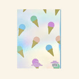 Back view of the iScream Sweet Scoops Holographic Clipboard Set showing the shiny pastel ice cream cone pattern and small product label details near the bottom.