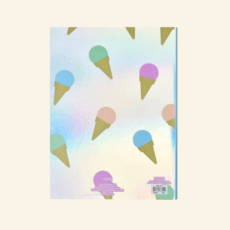 Back view of the iScream Sweet Scoops Holographic Clipboard Set showing the shiny pastel ice cream cone pattern and small product label details near the bottom.
