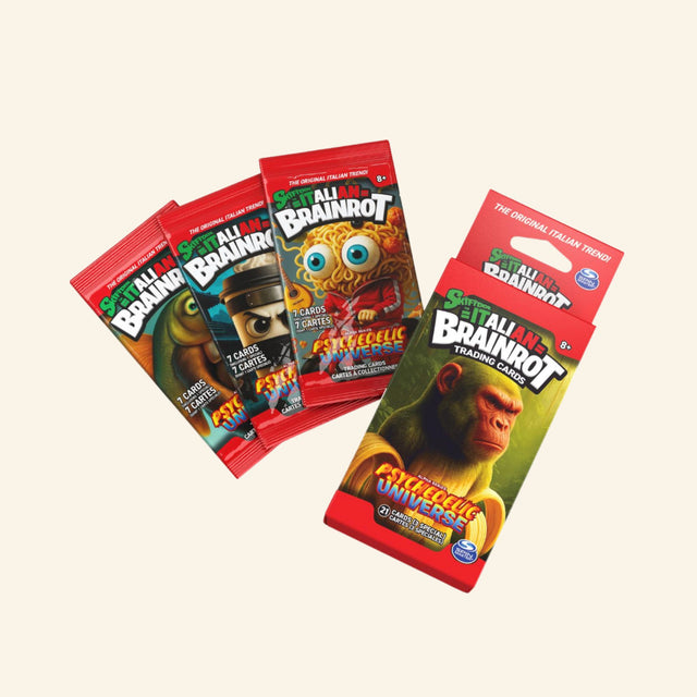 Italian Brainrot Mystery Trading Cards 3-Pack Booster Box featuring three sealed booster packs and one opened pack from Wave 1: Universo Psicheddelico.