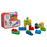 Colorful building blocks set with packaging on a white background