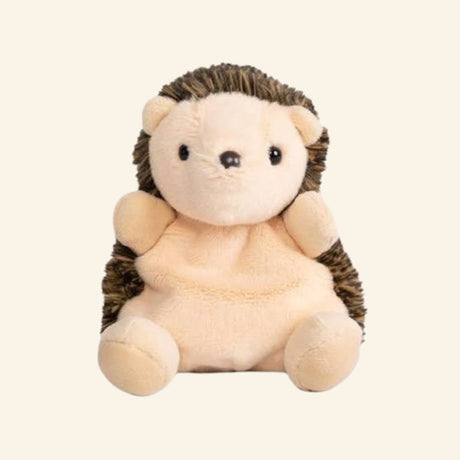 Keycraft Living Nature Little Snugglies Woodland hedgehog plush shown seated with a cream face and belly, small black eyes, rounded ears, and textured brown spines along the back.