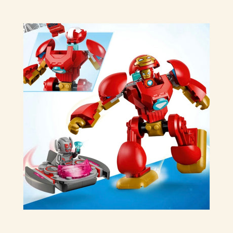 LEGO® Marvel Ultron vs. Iron Man action scene showing Iron Man in a red mech facing Ultron in a small flying vehicle with inset images of superhero play.