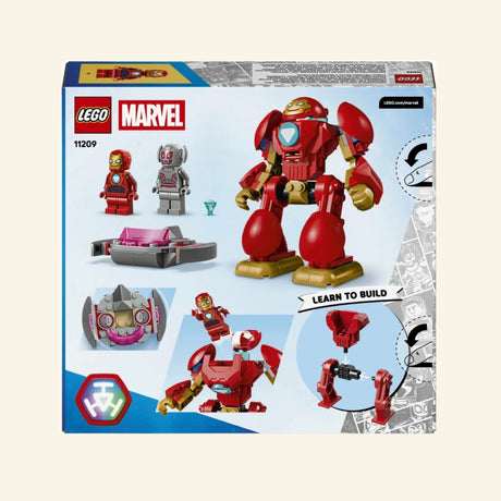 Back of the LEGO® Marvel Ultron vs. Iron Man box showing the Iron Man mech, Ultron flying vehicle, minifigures, cockpit feature, mech movement, and action play scenes.