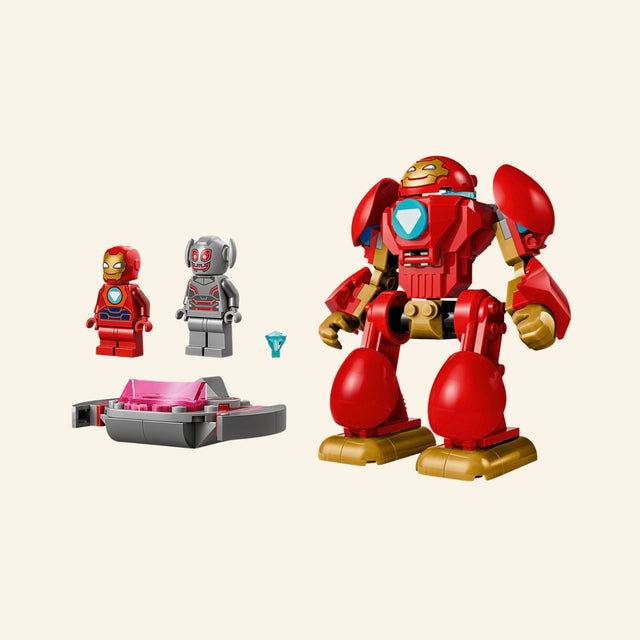 LEGO® Marvel Ultron vs. Iron Man completed builds showing the red Iron Man mech beside Iron Man and Ultron minifigures and Ultron’s small gray-and-pink flying vehicle.