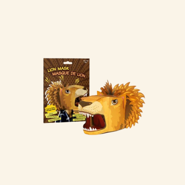 Lion Mask craft kit shown with brown packaging and a completed 3D paper lion mask featuring a full mane, pointed ears, sharp teeth, and open-mouth design.