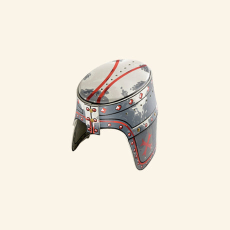 Liontouch Maltese Knight Helmet shown in silver-gray EVA foam with red accent stripes, rivet details, side flap styling, and a Maltese cross-inspired design.