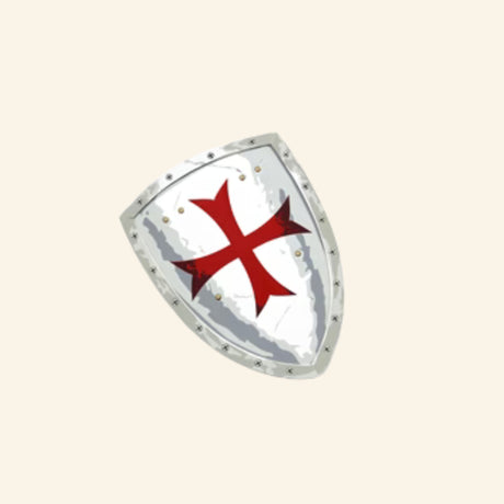 Liontouch Maltese Knight Shield shown in silver-gray EVA foam with a bold red Maltese cross, rivet-style border, and medieval armor-inspired design.