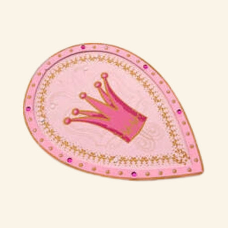 Front view of the Liontouch Queen Rosa Shield in rose pink with a crown emblem, gold detailing, and jewel-inspired accents.