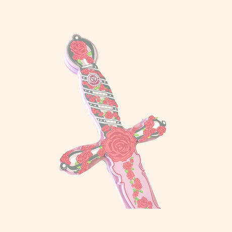 Close-up view of the Liontouch Rose Mary Sword showing the floral handle, cross-guard, and rose detail near the center of the sword.