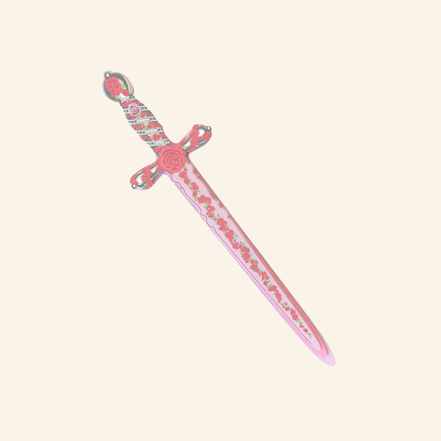 Full view of the Liontouch Rose Mary Sword, a pink pretend-play sword with rose decorations along the handle, guard, and blade.