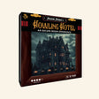 Madame Medora’s Howling Hotel escape-room game box showing a dark haunted hotel with glowing windows, stormy sky, vintage frame design, 1–5 player guidance, ages 14+, and 60–90 minute play time.
