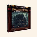 Madame Medora’s Howling Hotel escape-room game box showing a dark haunted hotel with glowing windows, stormy sky, vintage frame design, 1–5 player guidance, ages 14+, and 60–90 minute play time.