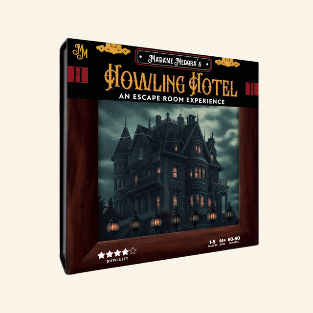 Madame Medora’s Howling Hotel escape-room game box showing a dark haunted hotel with glowing windows, stormy sky, vintage frame design, 1–5 player guidance, ages 14+, and 60–90 minute play time.