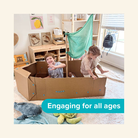 Children playing inside a large cardboard fort built with Makedo connectors, with text reading “Engaging for all ages” over a classroom-style play scene.