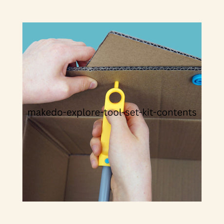 Close-up of hands joining two cardboard panels with a blue Makedo Scru and yellow Scru-Driver inside a cardboard box.