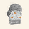 Malarkey Kids Munch Mitt shown in gray with a woodland animal print fabric mitten, textured gray silicone teething top, adjustable wrist strap, and soft mitten shape.