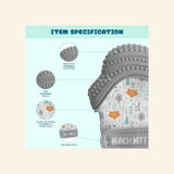 Malarkey Kids Munch Mitt item specification graphic showing the gray woodland print mitten, textured silicone teething surface, crinkle sound feature, adjustable strap, and travel bag details.
