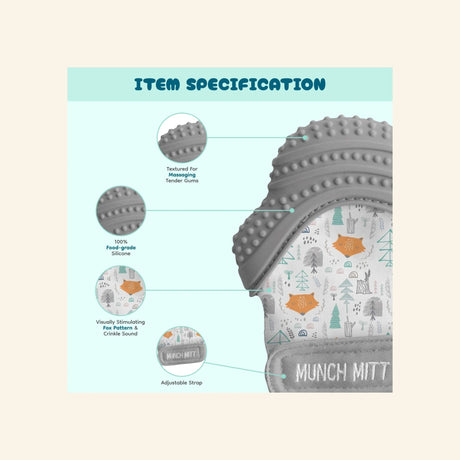Malarkey Kids Munch Mitt item specification graphic showing the gray woodland print mitten, textured silicone teething surface, crinkle sound feature, adjustable strap, and travel bag details.