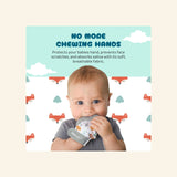 Malarkey Kids Munch Mitt graphic showing a baby chewing the mitten with text about protecting hands and giving babies a breathable teething surface.