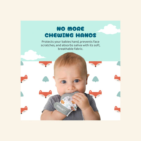 Malarkey Kids Munch Mitt graphic showing a baby chewing the mitten with text about protecting hands and giving babies a breathable teething surface.