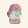 Malarkey Kids Munch Mitt shown in pink with a colorful animal print fabric mitten, textured mauve silicone teething top, and soft adjustable wrist strap.