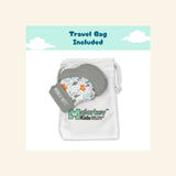Malarkey Kids Munch Mitt product graphic showing the packaged gray mitten with baby photo and feature icons for food-grade silicone, BPA and phthalate free materials, easy cleaning, safety standards, and sensory stimulation.
