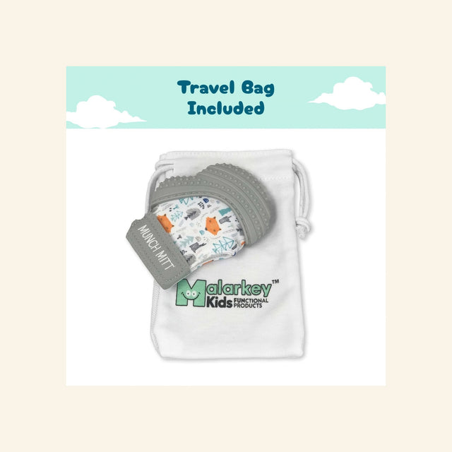 Malarkey Kids Munch Mitt product graphic showing the packaged gray mitten with baby photo and feature icons for food-grade silicone, BPA and phthalate free materials, easy cleaning, safety standards, and sensory stimulation.