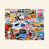 MasterPieces I Love America 1000-piece jigsaw puzzle featuring a colorful collage of iconic American landmarks, historical figures, patriotic symbols, food, sports, and pop culture illustrated by Charlie Girard.