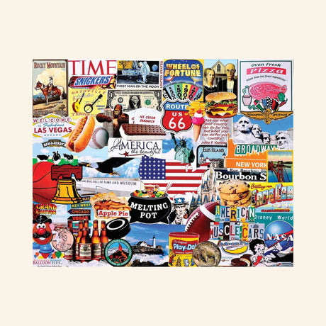 MasterPieces I Love America 1000-piece jigsaw puzzle featuring a colorful collage of iconic American landmarks, historical figures, patriotic symbols, food, sports, and pop culture illustrated by Charlie Girard.