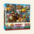 Front of MasterPieces Smokey Bear Poster 1000-piece jigsaw puzzle box featuring a collage of Smokey Bear posters and artwork, Smokey Bear logo, 1000 pieces, and bonus poster included.