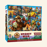 Front of MasterPieces Smokey Bear Poster 1000-piece jigsaw puzzle box featuring a collage of Smokey Bear posters and artwork, Smokey Bear logo, 1000 pieces, and bonus poster included.