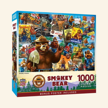 Front of MasterPieces Smokey Bear Poster 1000-piece jigsaw puzzle box featuring a collage of Smokey Bear posters and artwork, Smokey Bear logo, 1000 pieces, and bonus poster included.