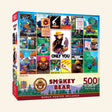 Front of MasterPieces Smokey Bear 500-piece jigsaw puzzle box featuring a collage of vintage Smokey Bear wildfrie prevention posters, Smokey Bear logo, 500 pieces, and bonus poster included.