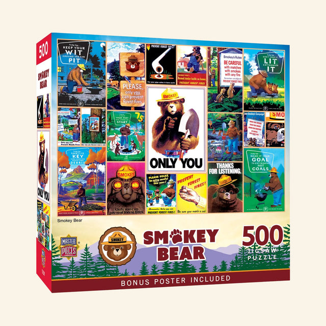 Front of MasterPieces Smokey Bear 500-piece jigsaw puzzle box featuring a collage of vintage Smokey Bear wildfrie prevention posters, Smokey Bear logo, 500 pieces, and bonus poster included.