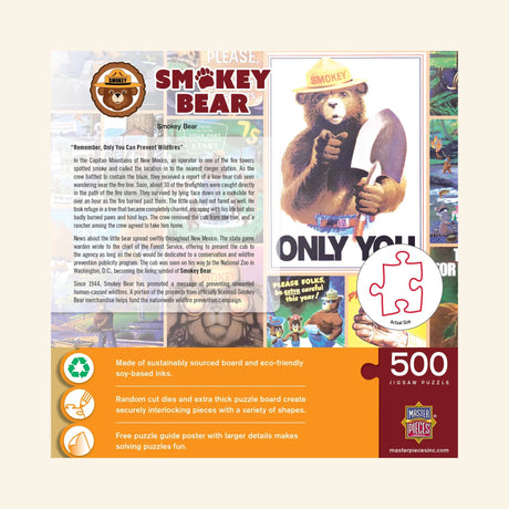 Back of MasterPieces Smokey Bear 500-piece jigsaw puzzle box showing Smokey Bear artwork, wildfrie prevention story, product features, eco-friendly materials, and actual puzzle piece size.