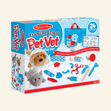 Melissa & Doug Examine & Treat Pet Vet Play Set in retail packaging showing a plush dog wearing a cone, plush gray cat, blue tote bag, stethoscope, bottles, bandages, medical tools, and treatment checklist.