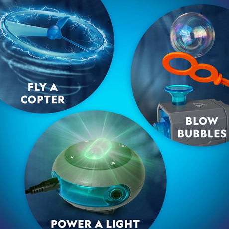 Three circular images showcasing a fly a copter, bubble machine, and light projector on a blue background.