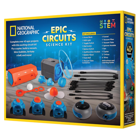 National Geographic Epic Circuits Science Kit packaging with components displayed on a blue background