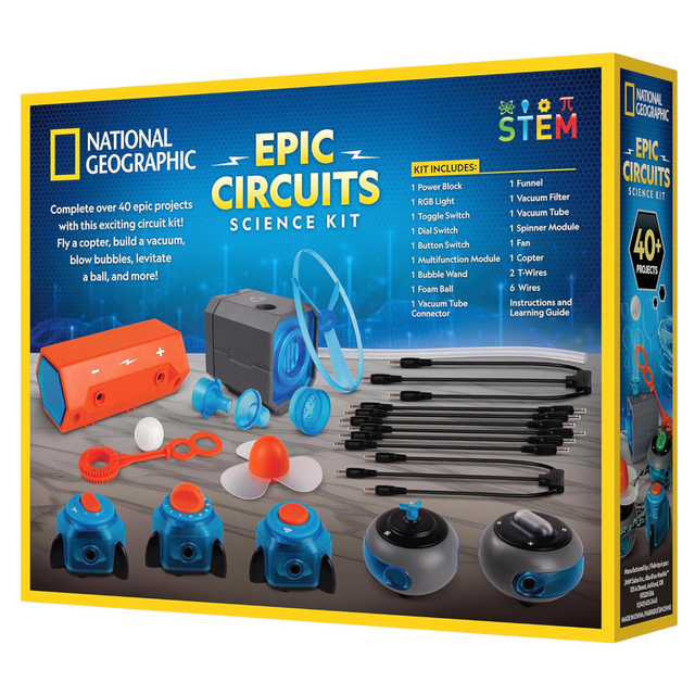 National Geographic Epic Circuits Science Kit packaging with components displayed on a blue background