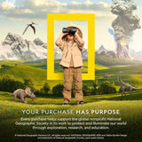 Person with binoculars framed by a yellow border with National Geographic logo, set against a scenic landscape with dinosaurs and mountains.