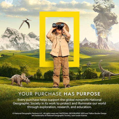 Person with binoculars framed by a yellow border with National Geographic logo, set against a scenic landscape with dinosaurs and mountains.