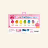 Back of the OOLY Sweet Scoops Neon Highlighters - Strawberry Scented package, showing the six included colors and product details for the ice cream-shaped neon highlighter set.