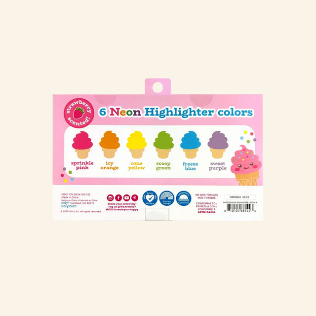 Back of the OOLY Sweet Scoops Neon Highlighters - Strawberry Scented package, showing the six included colors and product details for the ice cream-shaped neon highlighter set.