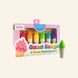 OOLY Sweet Scoops Neon Highlighters - Strawberry Scented set shown with the box and one green ice cream-shaped highlighter standing beside it, highlighting the playful mini design.